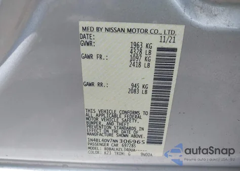 2022 Nissan Altima Sv Fwd from USA, damaged, VIN 1N4BL4DV7NN306965